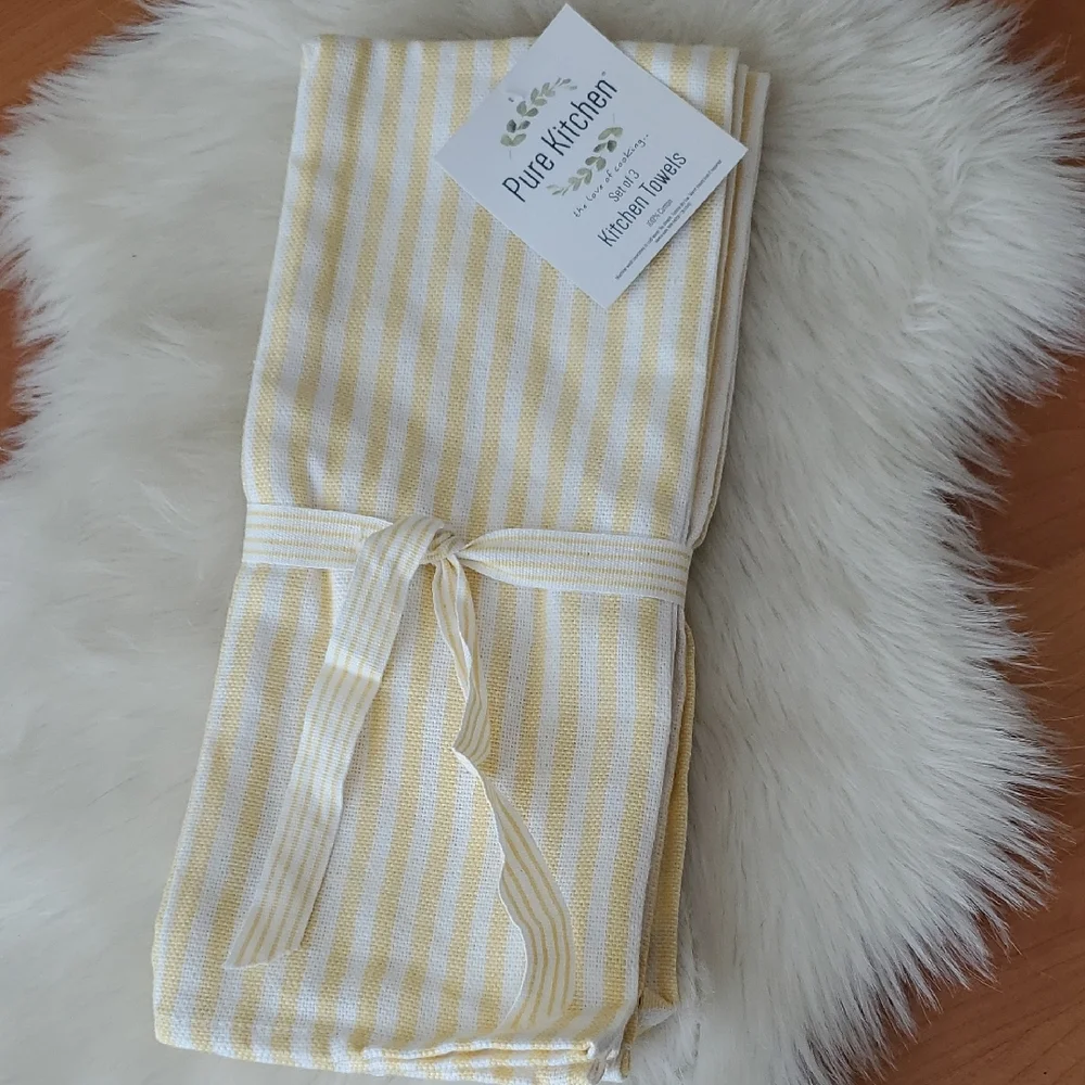 Nwt Pure Kitchen 100% Cotton Yellow Striped Kitchen Towels